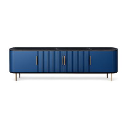 Blue MDF Media Cabinet with Black Top and Metal Legs