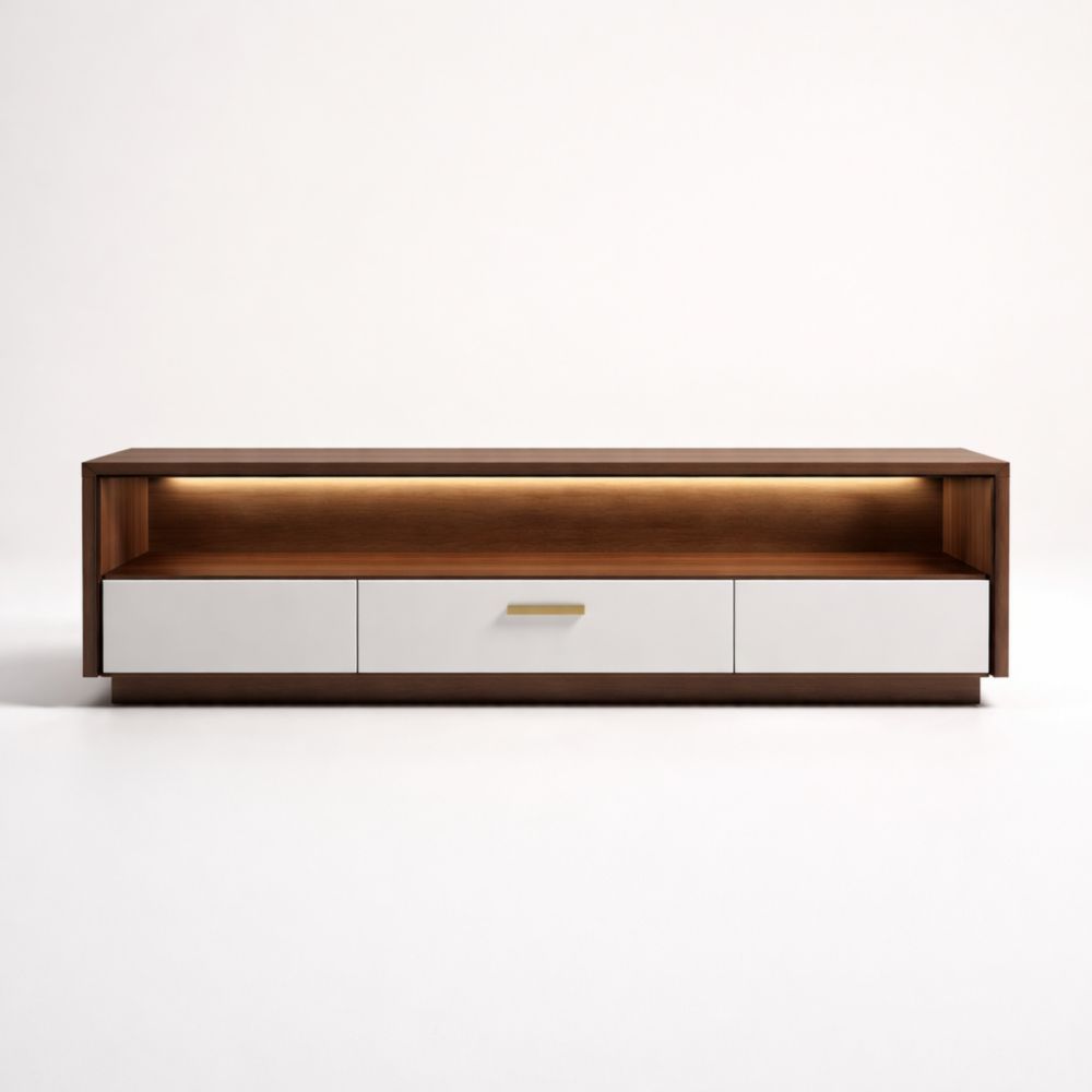 Wood and MDF TV Stand with LED Light and Drawers 150 cm Brown/White