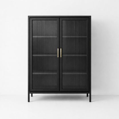 Black Tempered Glass Cabinet with Steel Frame and Adjustable Shelves