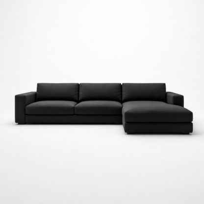 L-shaped fabric sofa with black hardwood frame