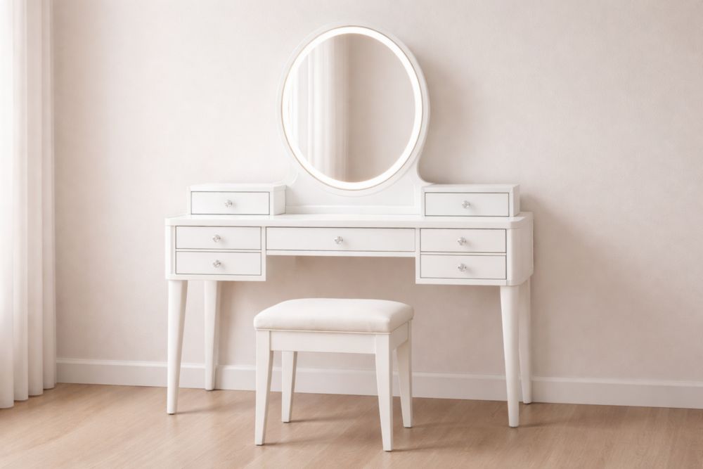 White Wooden Vanity Table Set with Mirror and Stool-Verdiclara