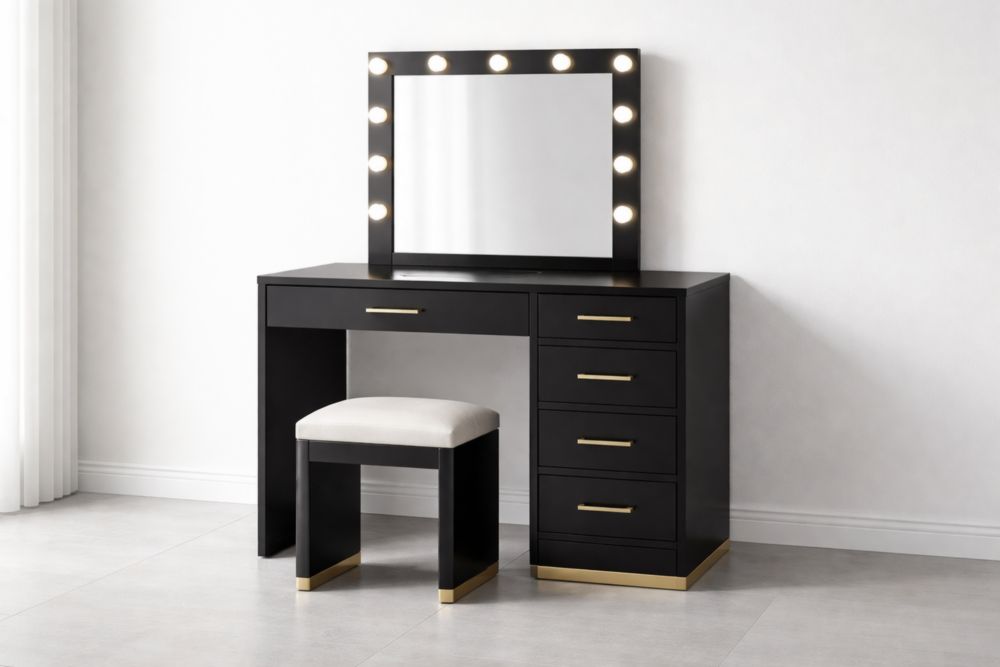 Black MDF Vanity Set with Mirror Lights and Gold Accents-Verdiclara
