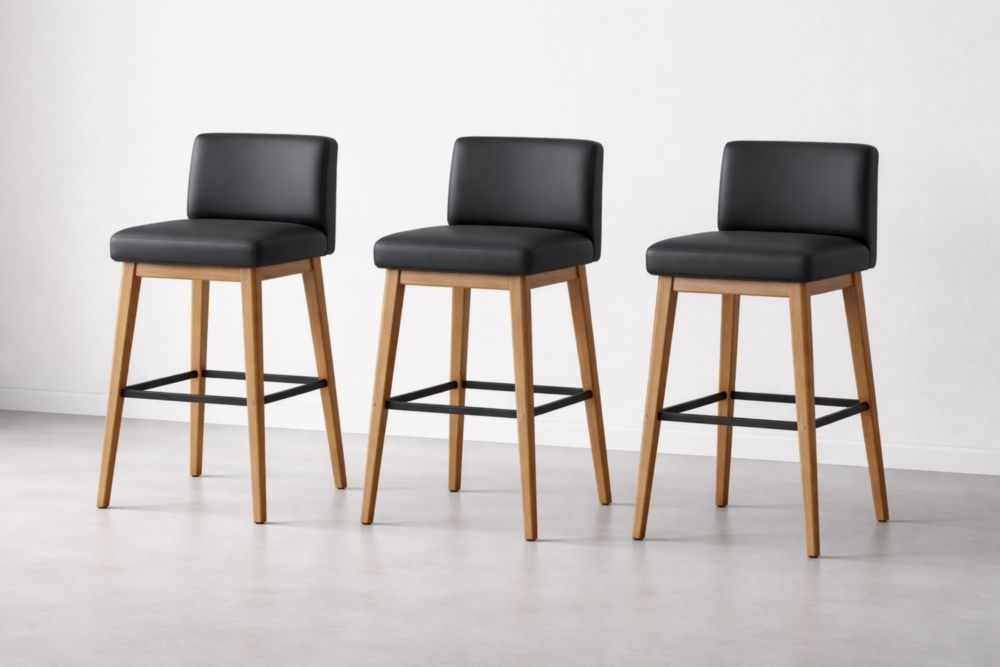 Set of 3 Bar Stools Black Faux Leather Seat with Oak Wood Frame-Verdiclara