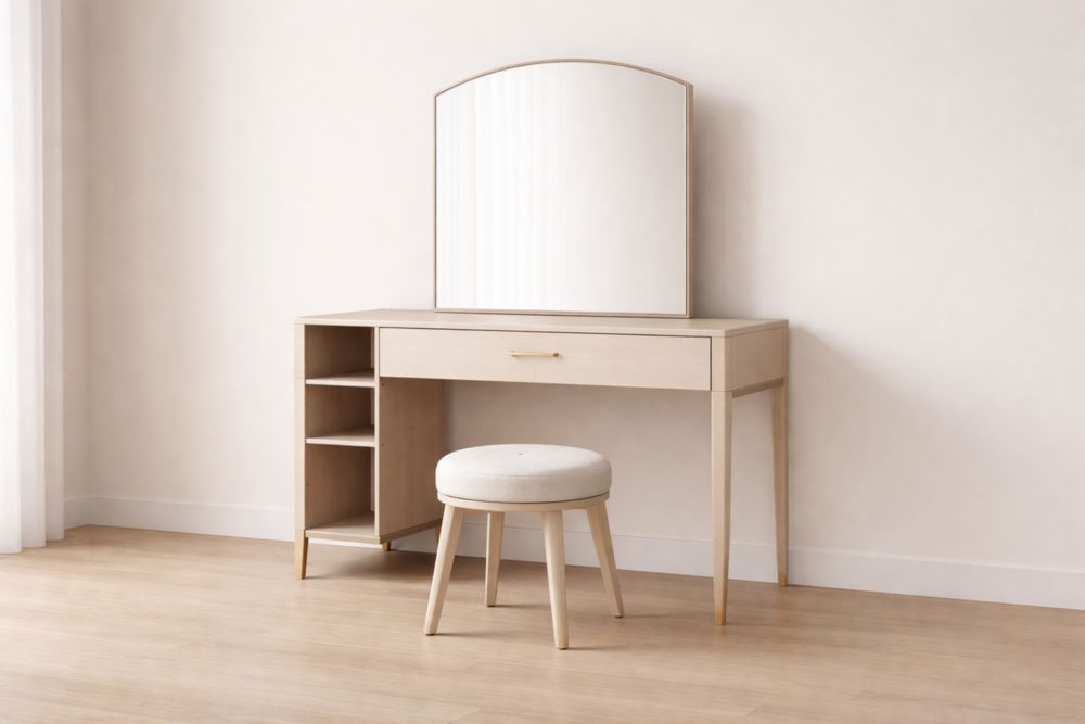 Wood Vanity Set with Mirror and Stool Natural Finish-Verdiclara