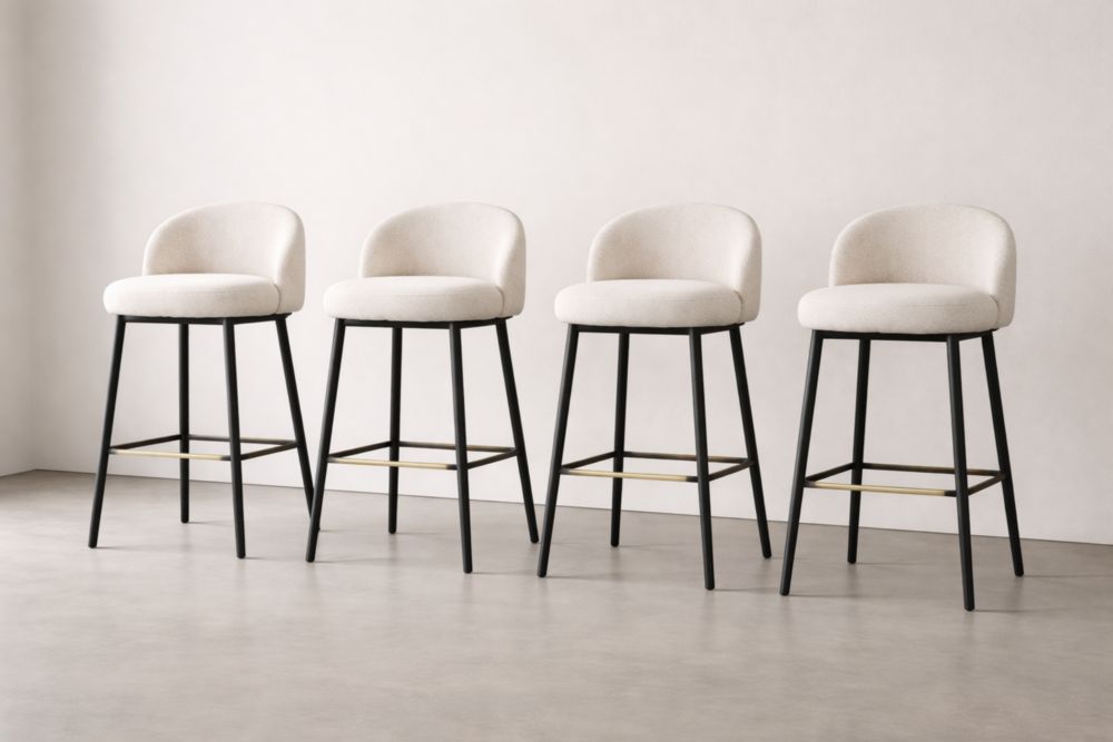 Set of 4 Upholstered Bar Stools with Black Metal Frame and Cream Fabric-Verdiclara