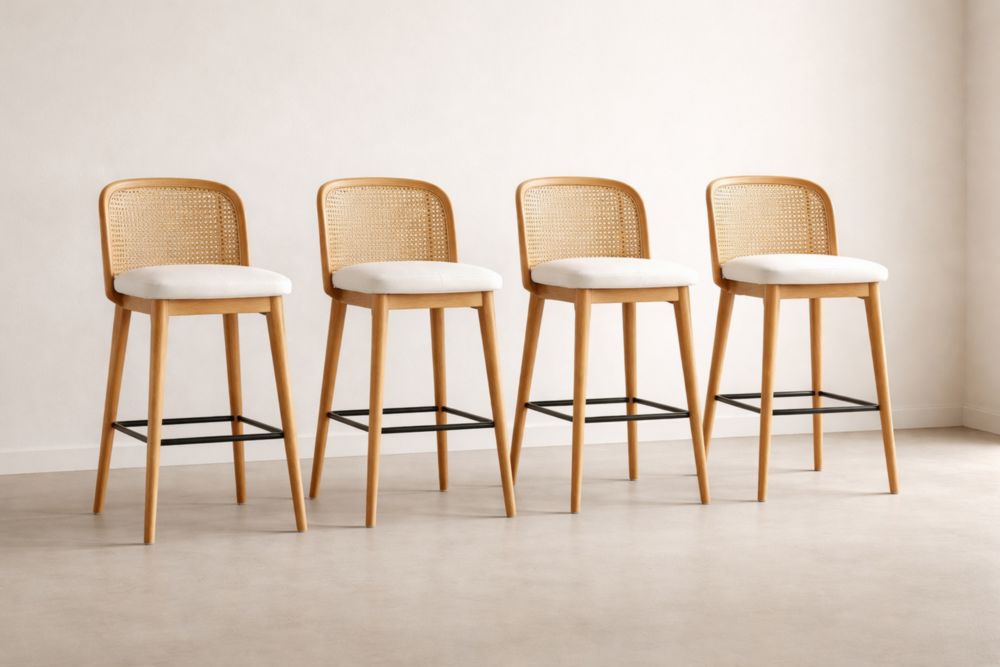 Set of 4 Bar Stools with Rattan Back and Wooden Legs in Beige-Verdiclara