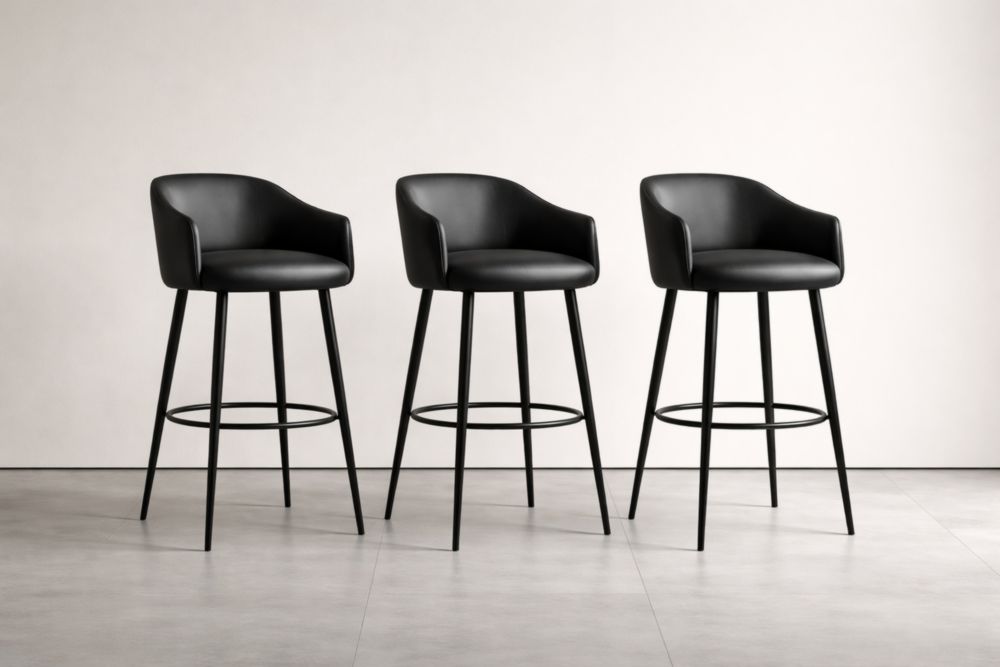 Black PU Leather Bar Stool Set with Metal Legs and Armrest-Verdiclara