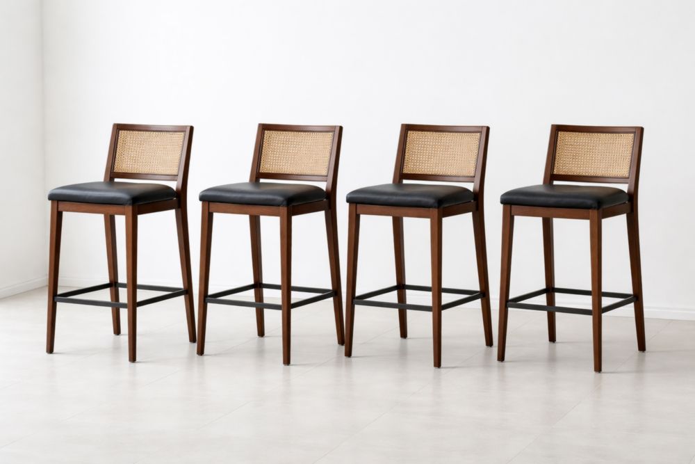 Set of 4 Wooden Bar Stools with Black Cushions and Rattan Backs-Verdiclara