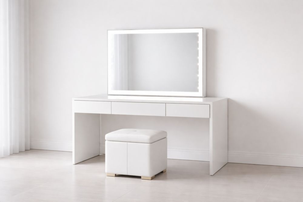 White Dressing Table Set with Glass LED Mirror and Stool-Verdiclara