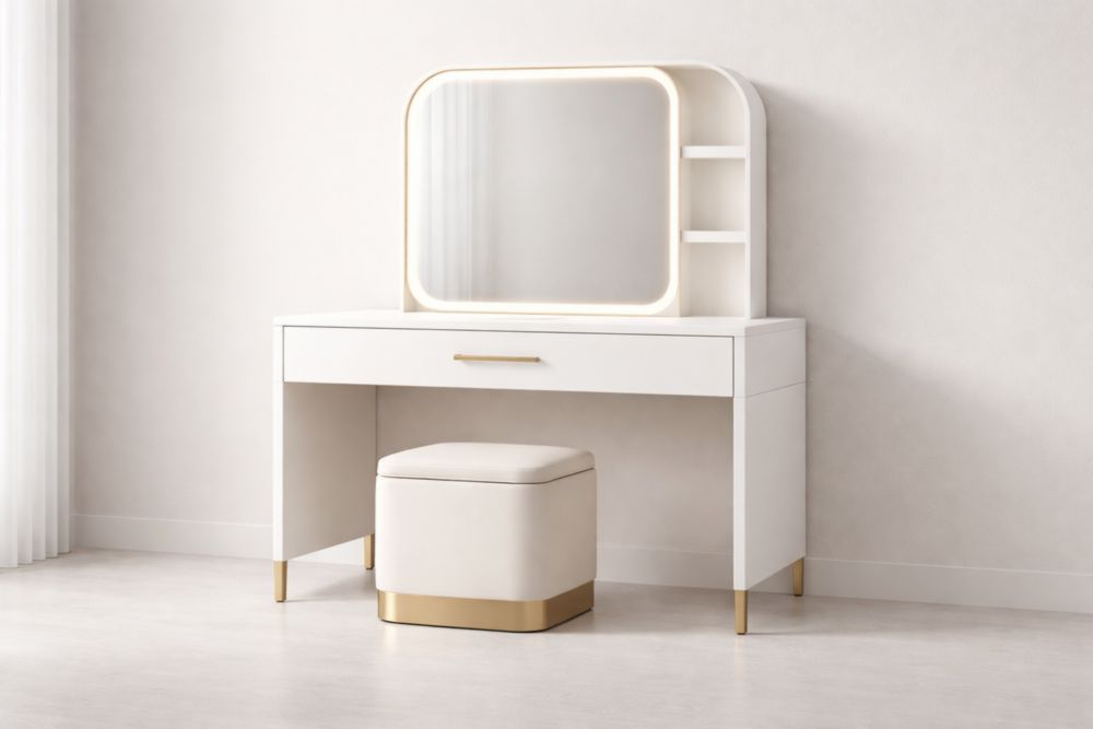 Vanity Table Set with LED Mirror and Stool, White and Gold-Verdiclara