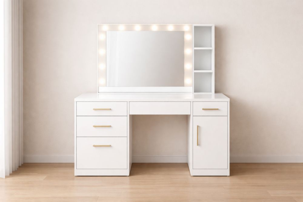 White Wooden Vanity Table with Mirror and LED Lights-Verdiclara