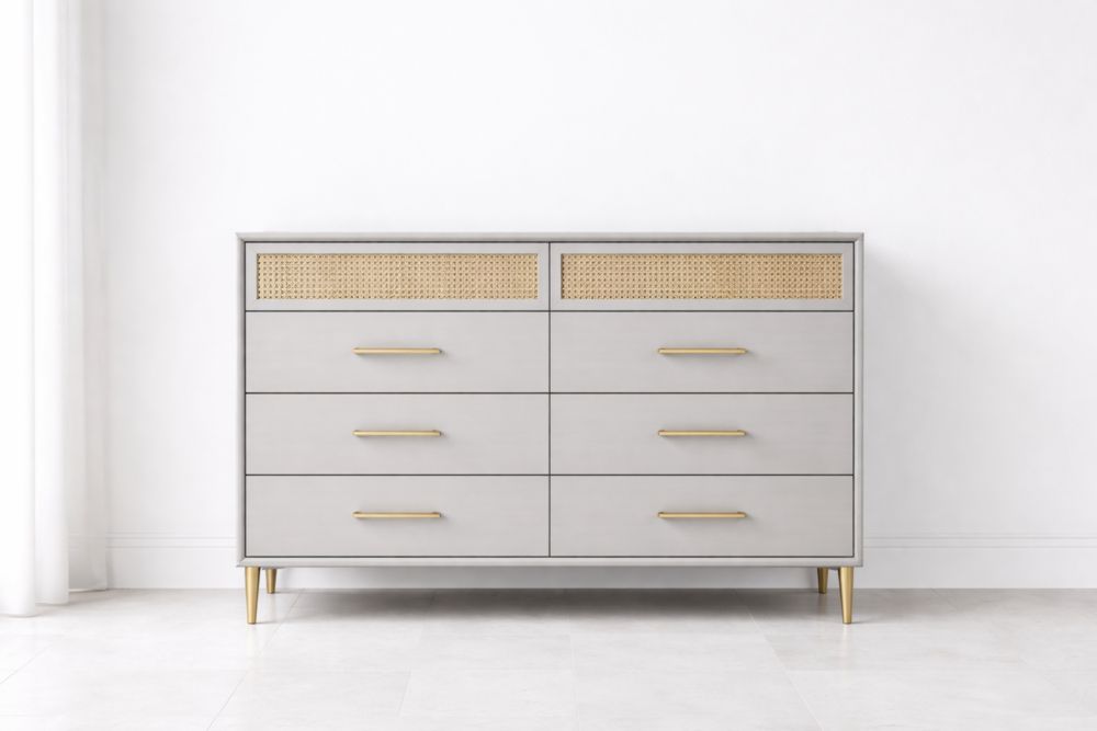 Six-Drawer Dresser with Rattan Accents and Gold Handles Gray-Verdiclara