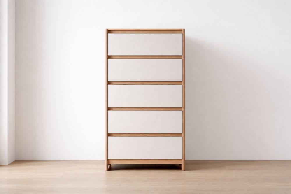 5-Drawer Wooden Dresser with Beige Fabric Panels-Verdiclara