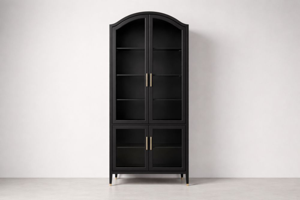 Black arched glass-paneled display cabinet-Havenavero