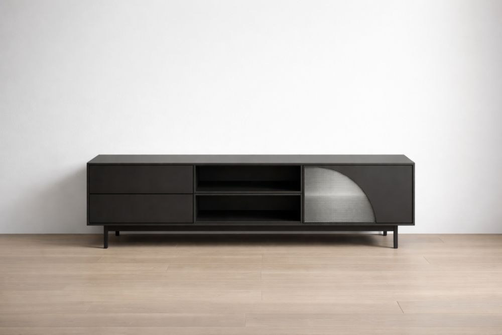 Black TV Stand with Storage and Metal Mesh Door-Havenavero