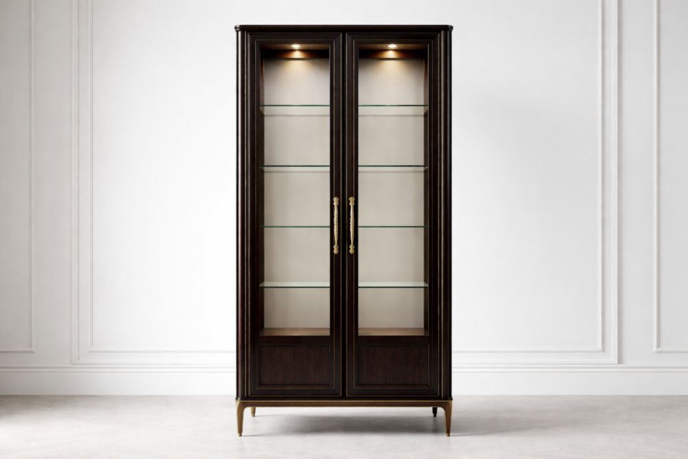 Dark Wood Glass Display Cabinet with Brass Handles and Tempered Glass Shelves-Havenavero
