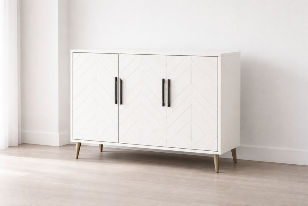 White Wood Sideboard with Chevron Pattern and Metal Legs-Havenavero