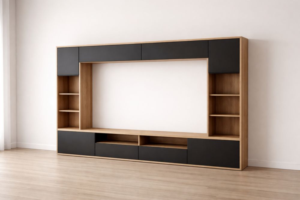 Black Oak Wall Entertainment Unit with Shelves and Drawers-Havenavero