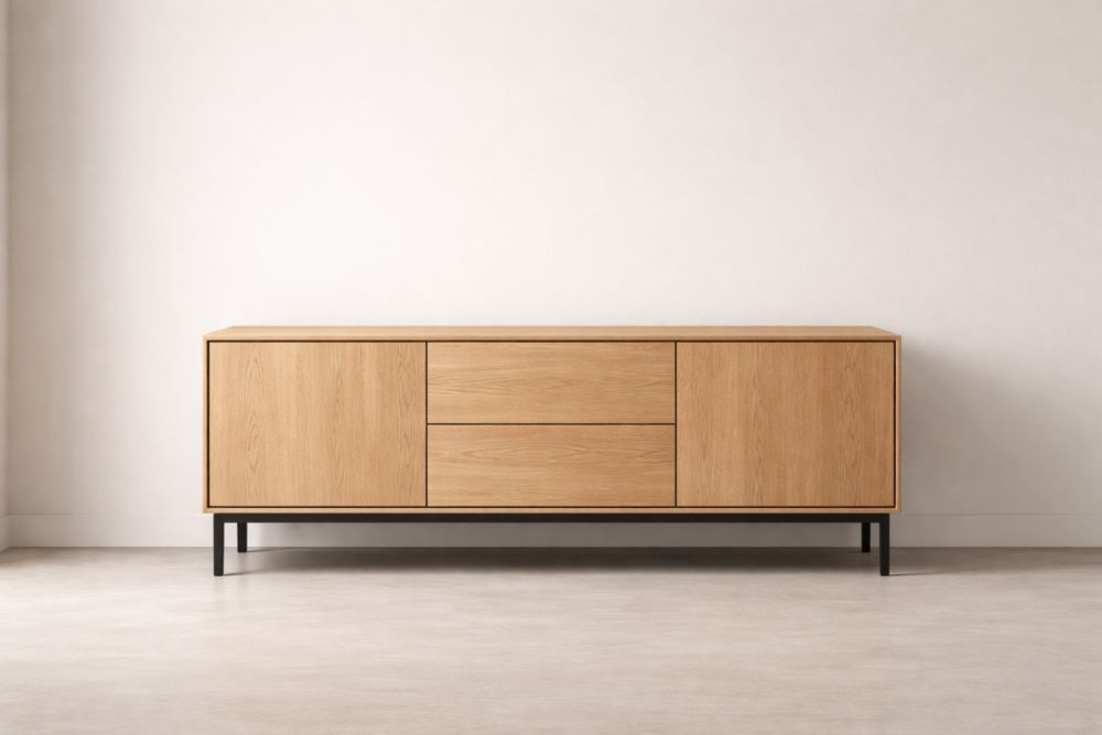 Wooden TV Stand with Metal Legs Natural Oak Finish-Havenavero