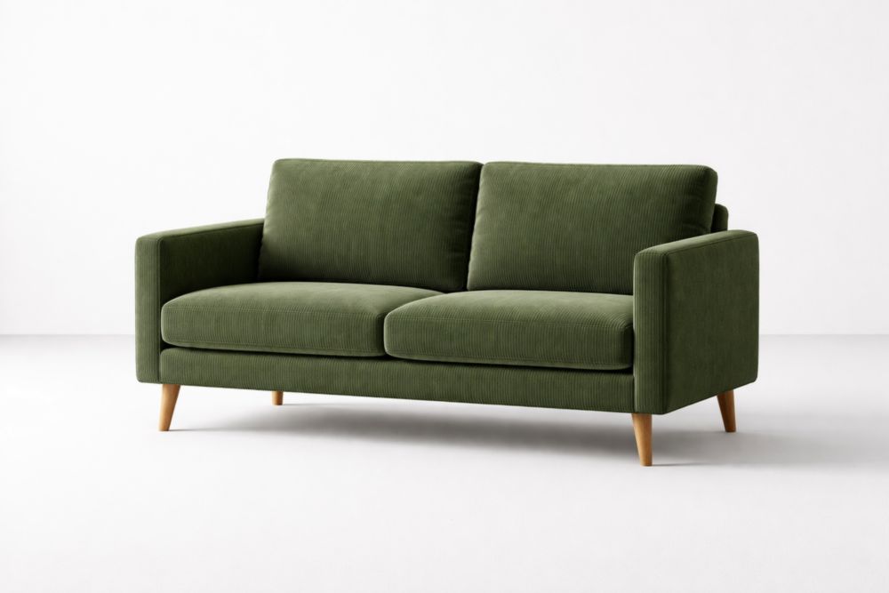 Green Corduroy Fabric Sofa with Wooden Legs-Havenavero