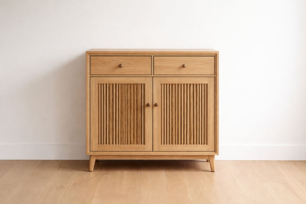Wooden Storage Cabinet with Two Drawers and Ribbed Doors Natural Oak 80x40x90 cm-Havenavero