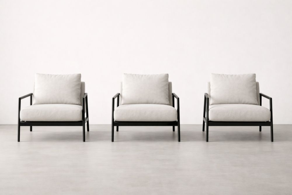 Set of 3 Armchairs with Black Metal Frame and White Fabric Cushions-Havenavero