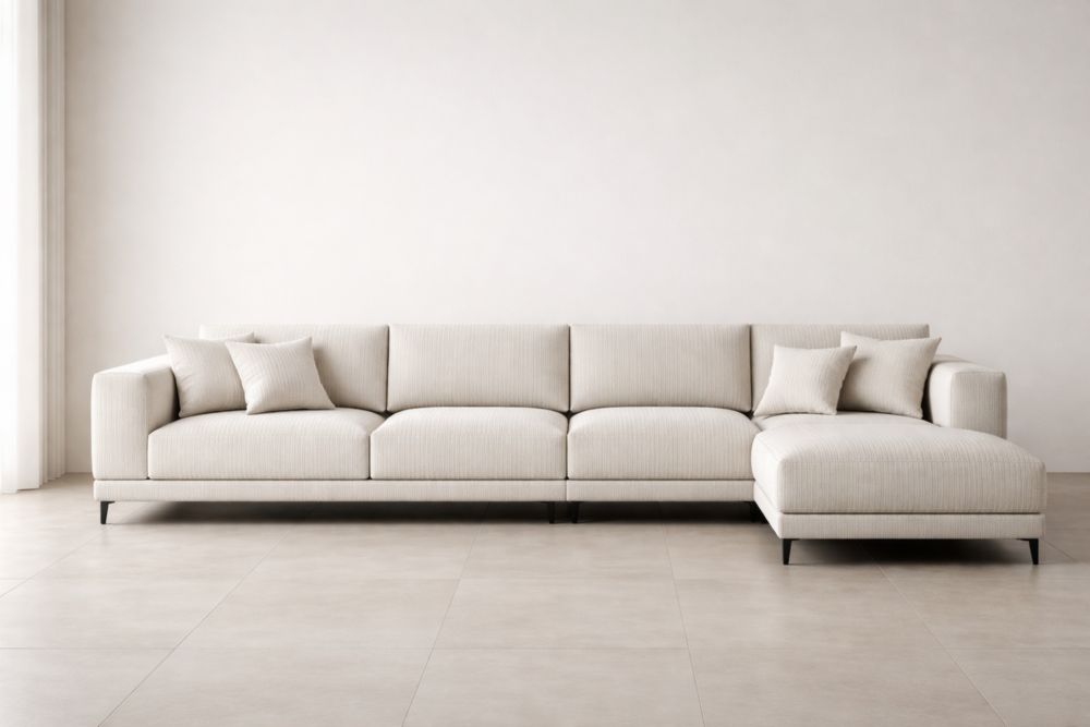 Beige Corduroy Sectional Sofa with Chaise and Pillows-Havenavero