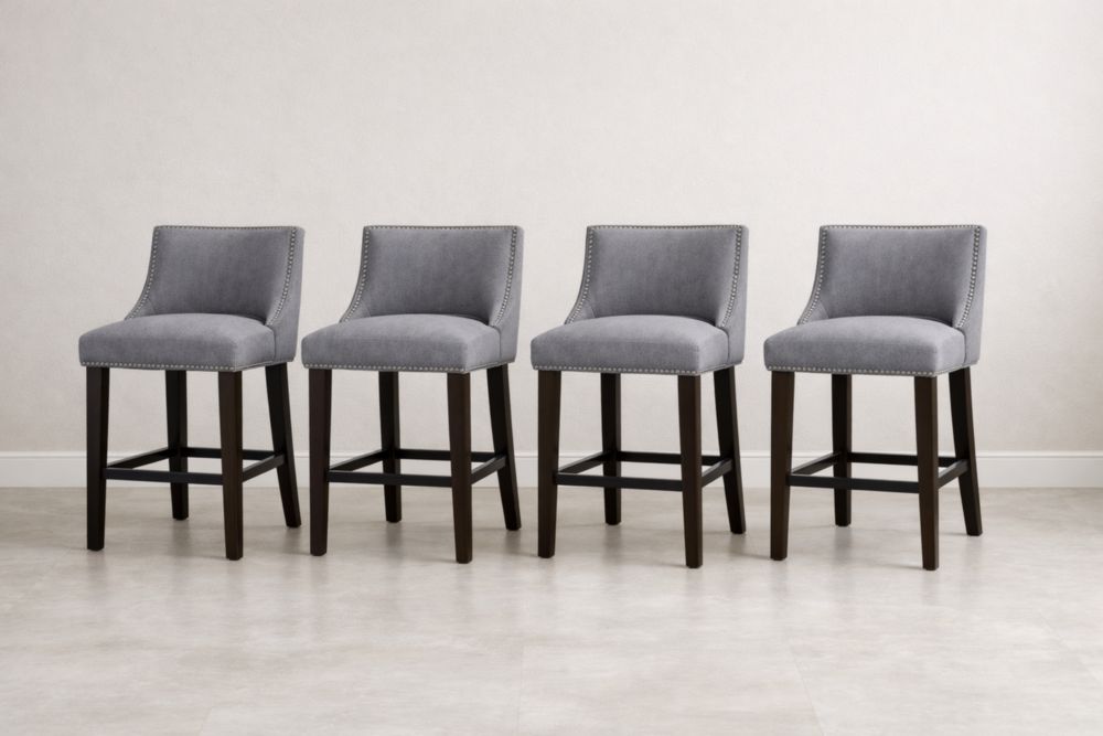 Set of 4 Grey Upholstered Bar Stools with Nailhead Trim-Havenavero