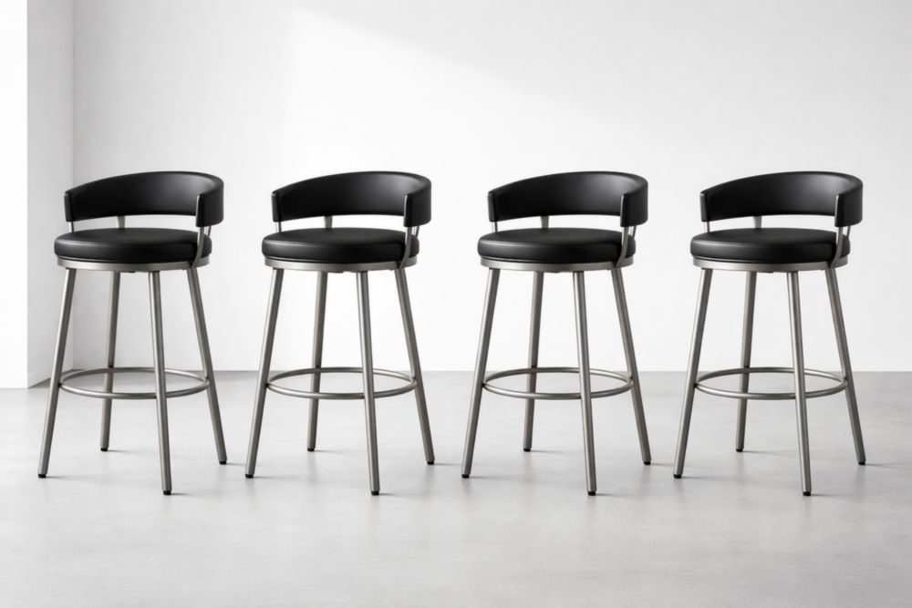 Set of 4 Black Swivel Bar Stools with Stainless Steel Frame and Faux Leather Seats-Havenavero