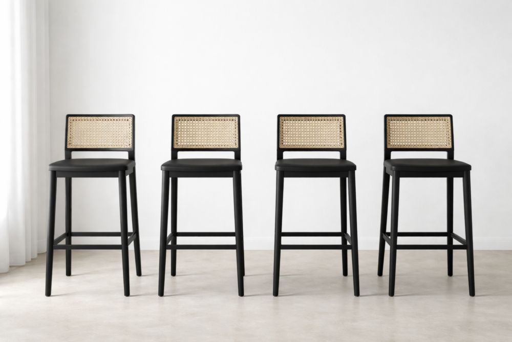 Bar Stool Set 4-Piece with Rattan Back and Black Frame-Havenavero