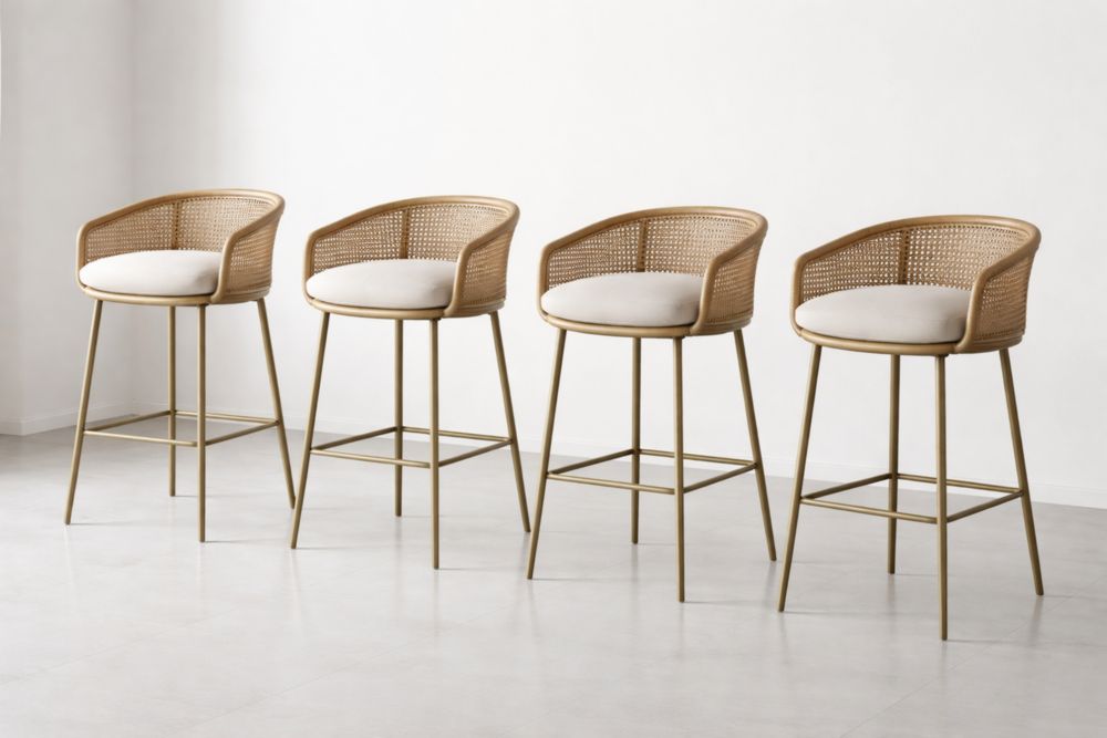 Set of 4 Rattan and Metal Bar Stools with Cushioned Seats in Beige-Havenavero