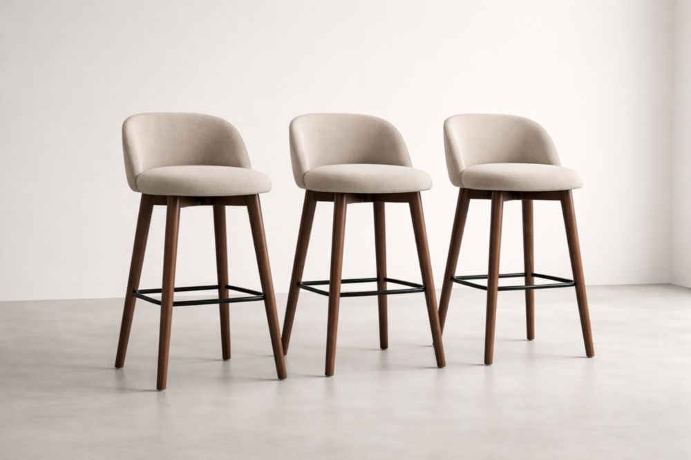 Set of 3 Beige Upholstered Bar Stools with Wood Legs-Havenavero