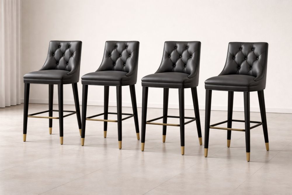 Set of 4 Black Faux Leather Bar Stools with Tufted Backrest and Metal Footrest-Havenavero