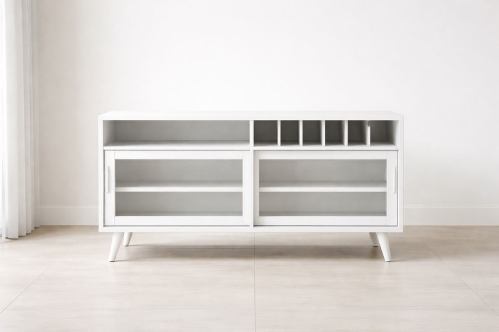 White Wooden Sideboard Cabinet with Glass Doors and Wine Storage-Havenavero