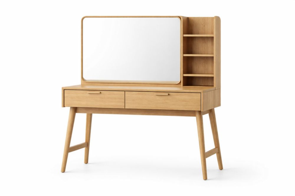 Oak Vanity Table with Mirror and Shelves