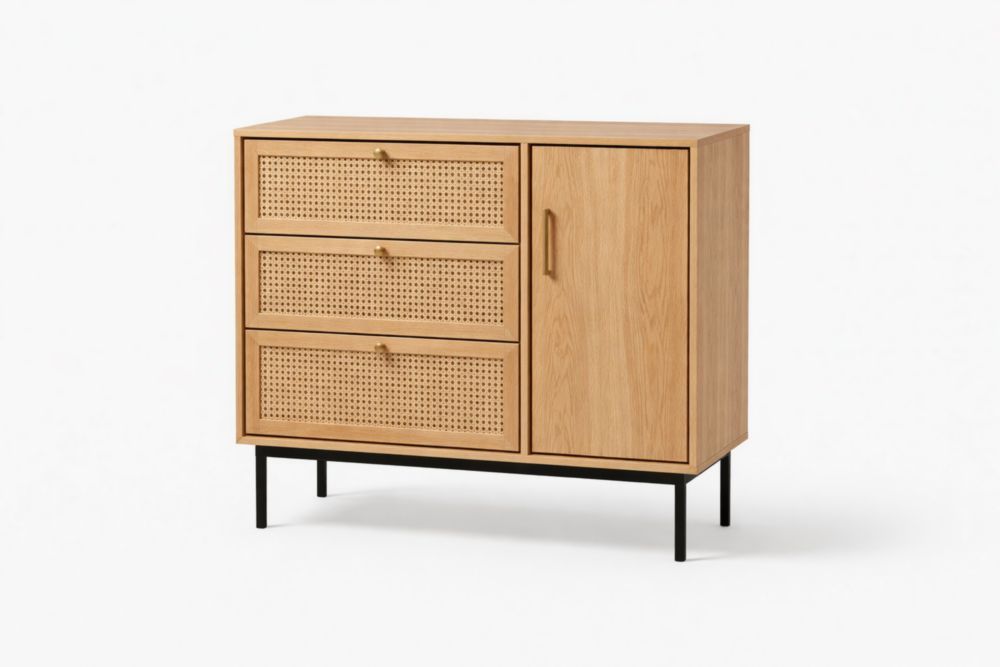 Wooden Sideboard with 3 Cane Drawers and 1 Door