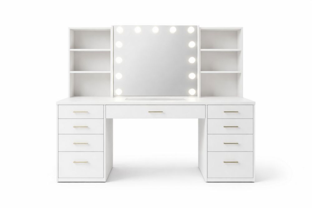 White Vanity Desk with Lighted Mirror and Storage Shelves