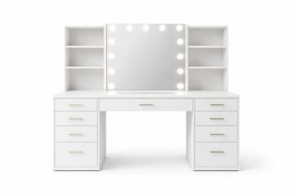 White Vanity Desk with Lighted Mirror and Storage Shelves