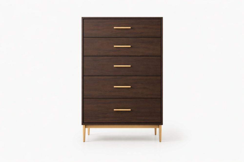 Dark Wood 5-Drawer Dresser with Gold Handles and Legs