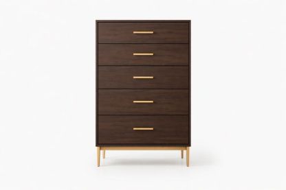 Dark Wood 5-Drawer Dresser with Gold Handles and Legs