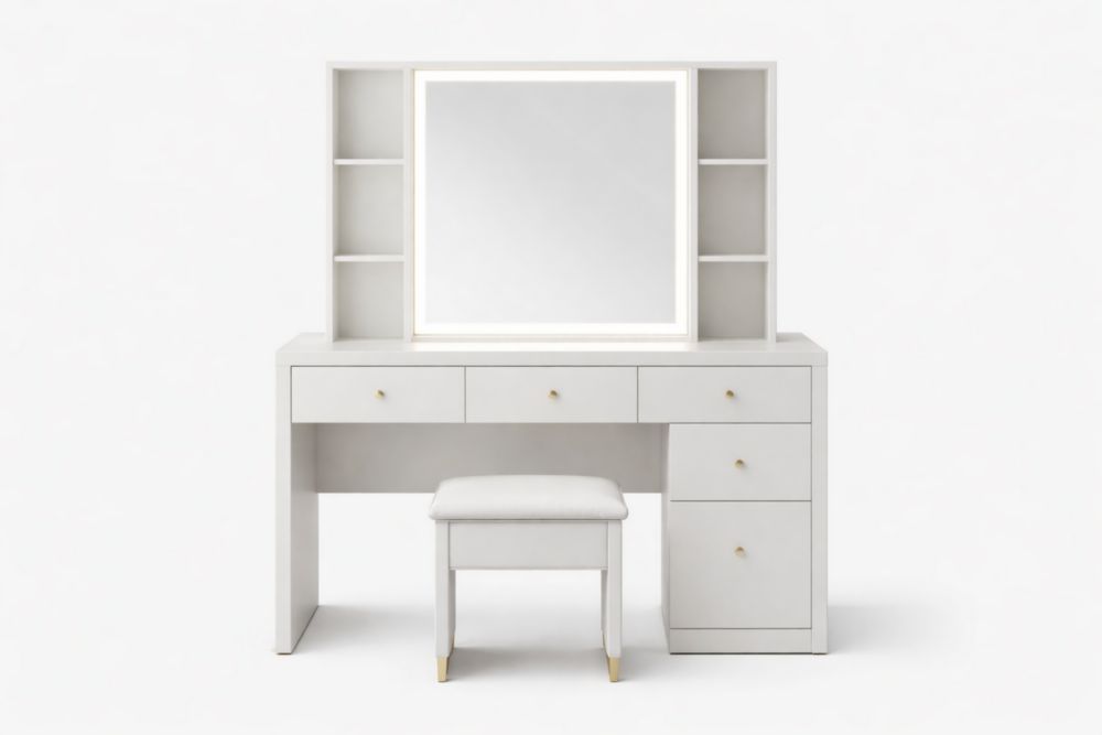 White Vanity Table Set with Mirror and Storage Drawers
