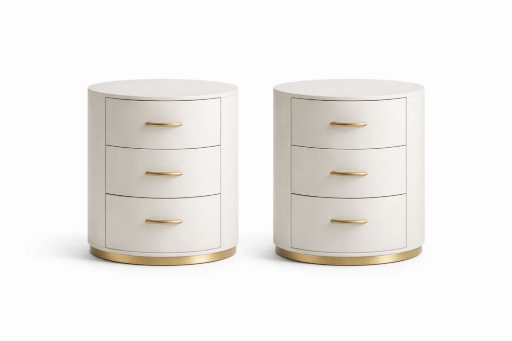 Round White Nightstand Set with Gold Accents and Three Drawers