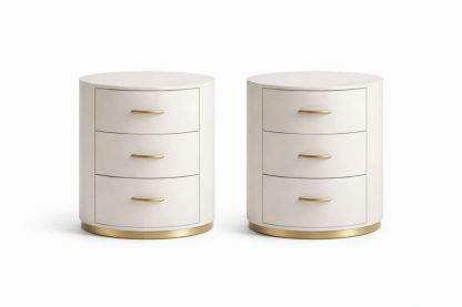 Round White Nightstand Set with Gold Accents and Three Drawers
