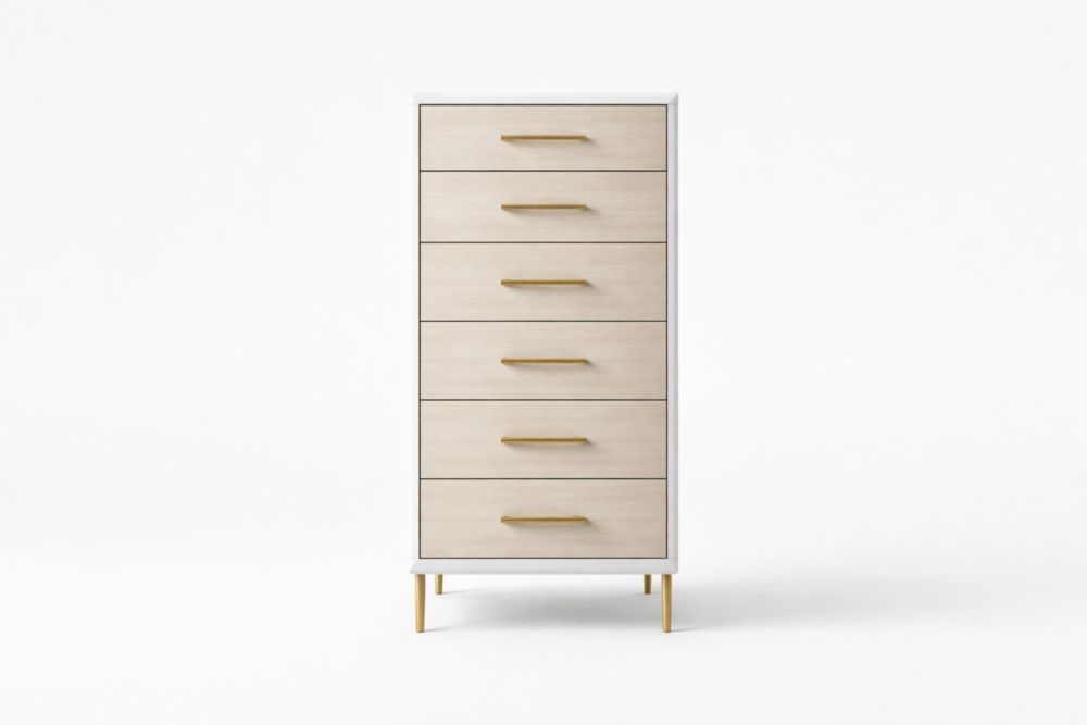 Ash Wood Tall 6-Drawer Chest with Gold Accents 140cm