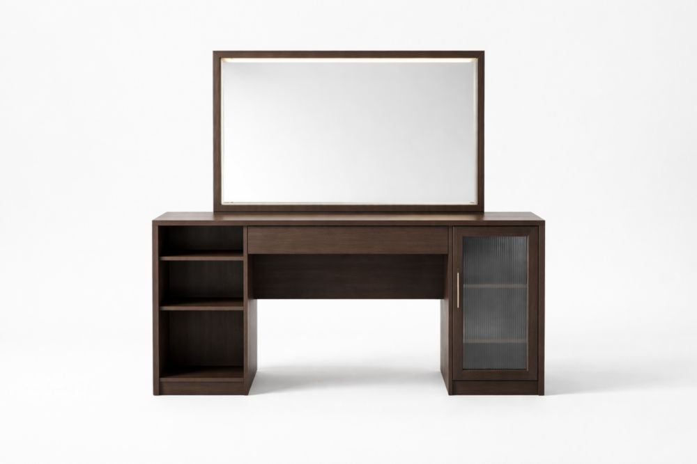 Walnut Wood Vanity Desk with Mirror and Shelves