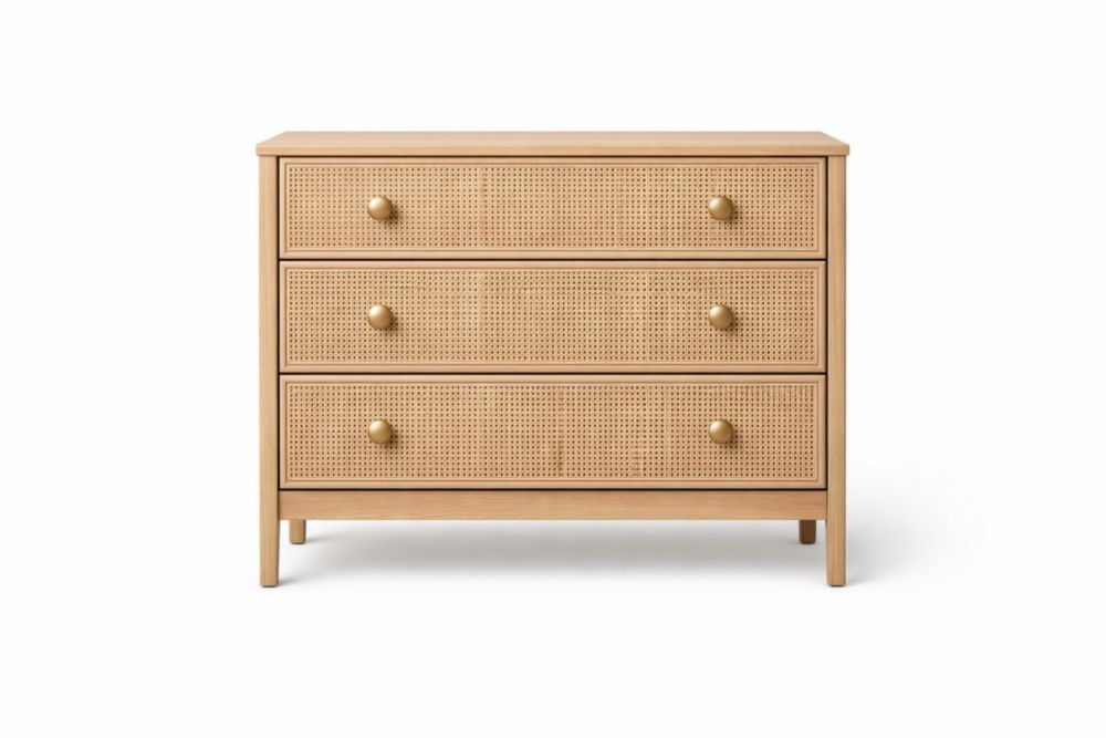 Three Drawer Dresser Solid Wood with Cane Detailing Natural Finish