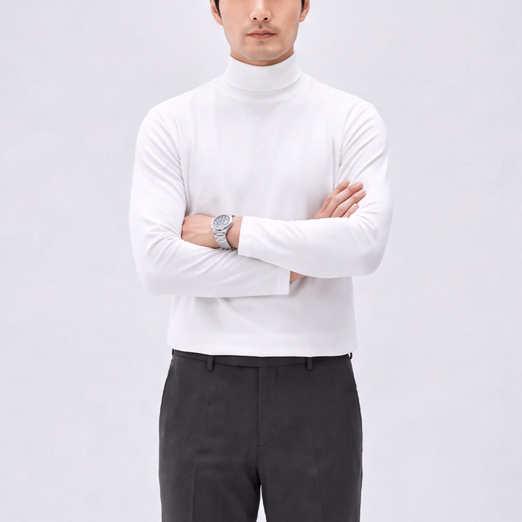 シルケット加工 超長綿 折り返しタートルネック長袖Tシャツ  静電気を抑えてまとわりつきにくい  一枚でも品よく、インナー使いにも上品 春・秋・冬の3シーズン対応