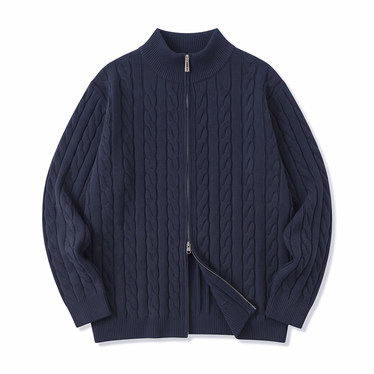 立体的なケーブル編みカーディガン ふっくら暖か 冷たい風を防ぐ ダブルジップで座ったときも窮屈になりにくい