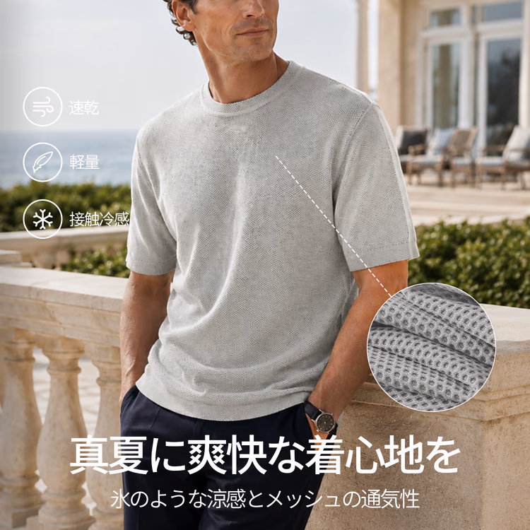 80G冷感素材　吸汗速乾　高いストレッチ性　肌離れがよい半袖Tシャツ