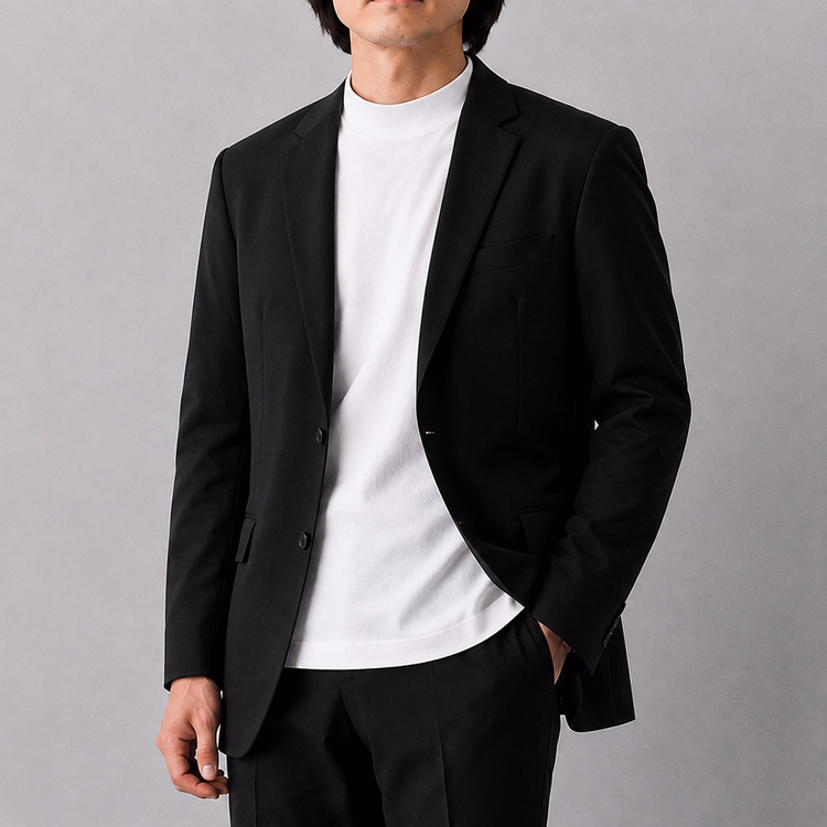 秋ジャケットの専用インナー　ドロップショルダー5分袖コットンモックネックTシャツ　体型を選ばず、ゆったりシルエット